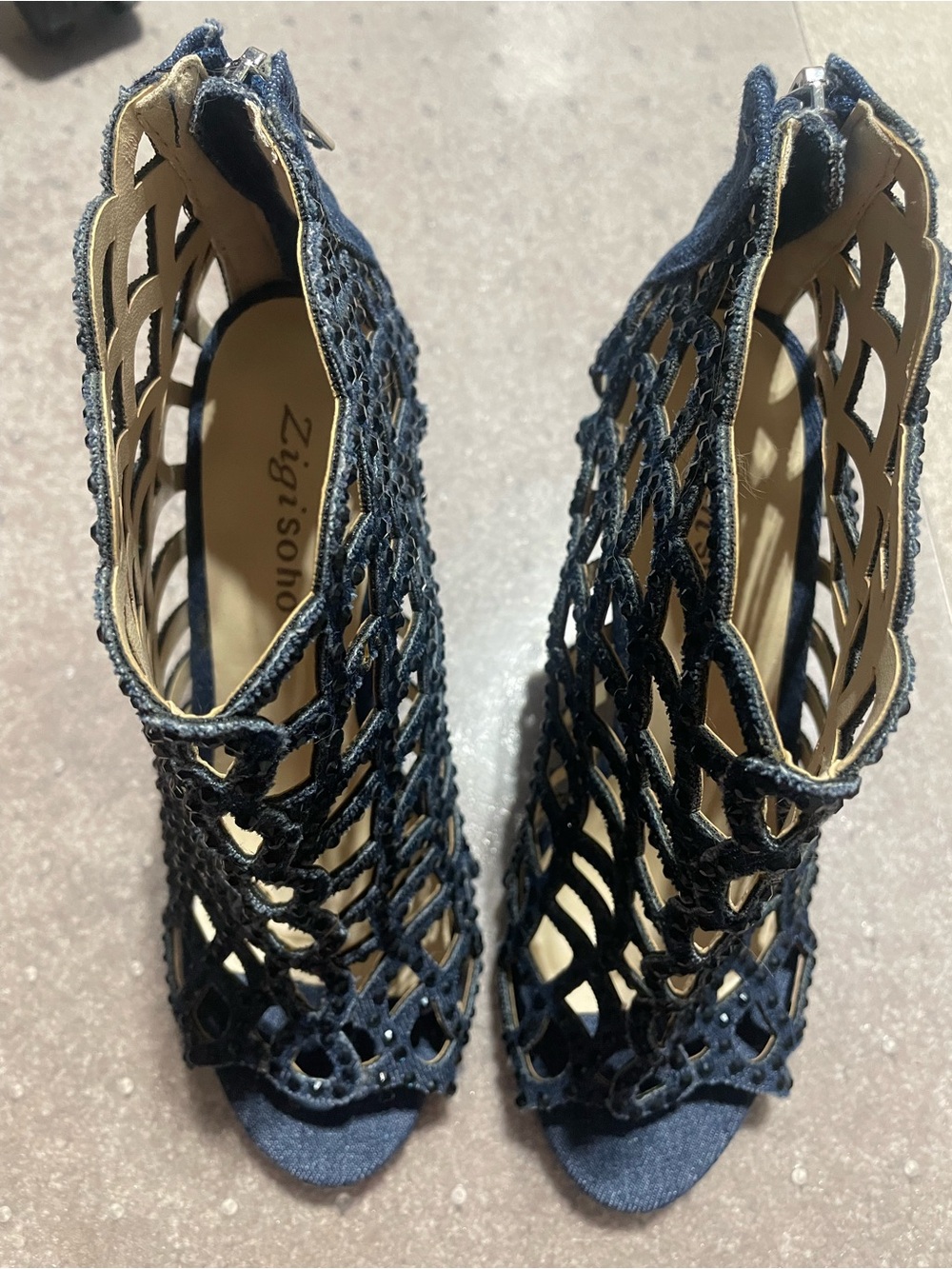 Denim Zigi Soho Cutout Peep-Toe Heels with navy blue shiny beads.